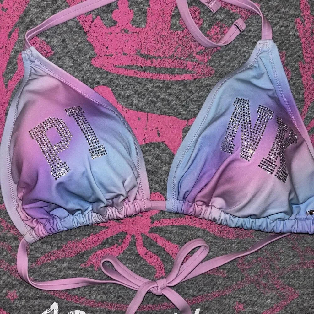 Victorias Secret PINK String Bikini Set Rainbow Ombre Cotton Candy Bling M-DD